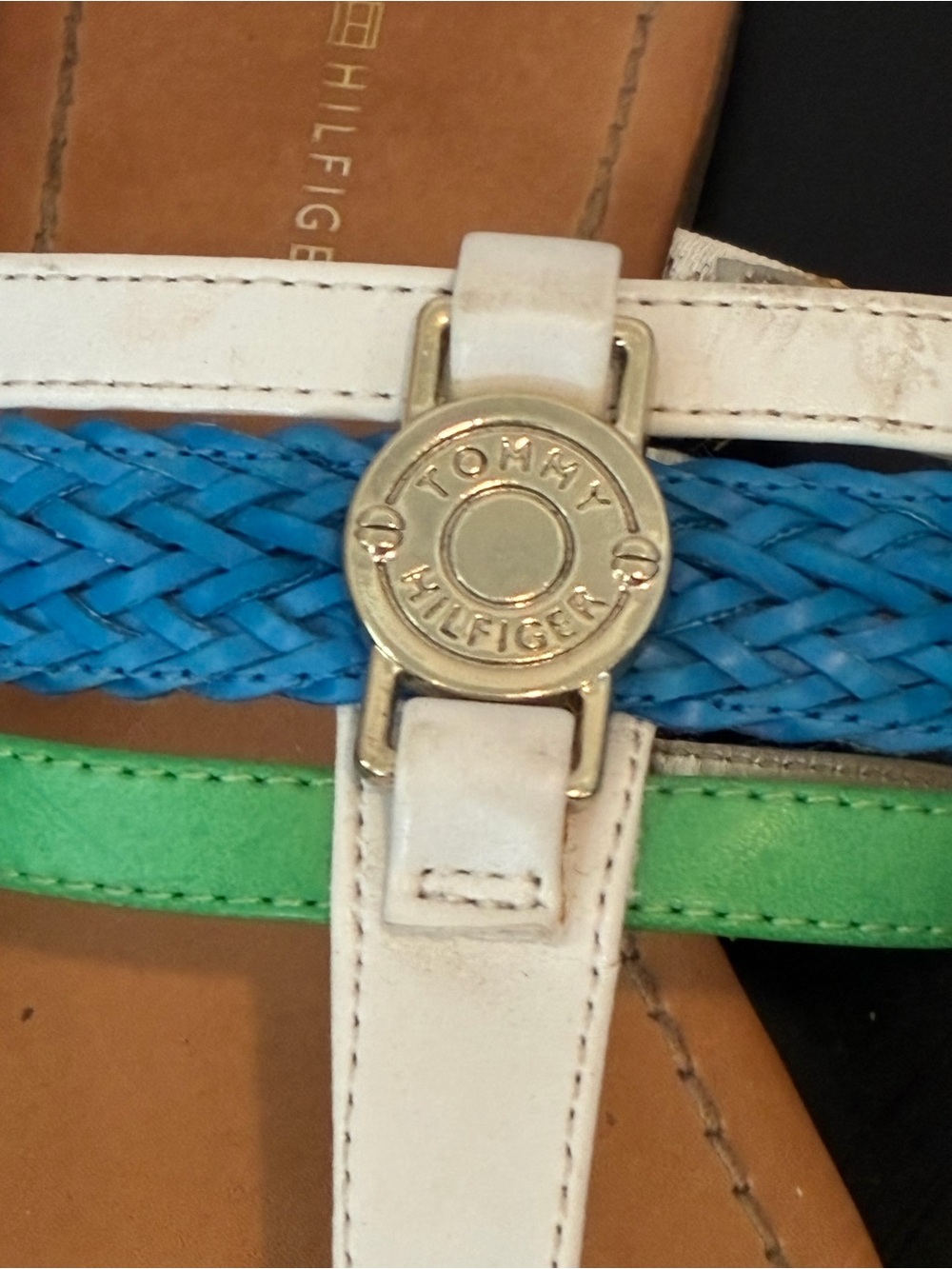 Tommy Hilfiger White, Blue & Green Braided Thong Sandals - Picture 2 of 5